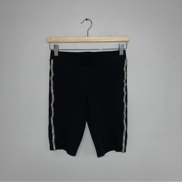 Zara Bike Shorts Women's Size Medium Black Silver Bling Bejeweled Side Stripe - Picture 2 of 7